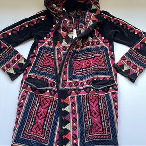 Johnny Was Black Red Geometric Embroidered Hooded Cardigan Duster Small NWT